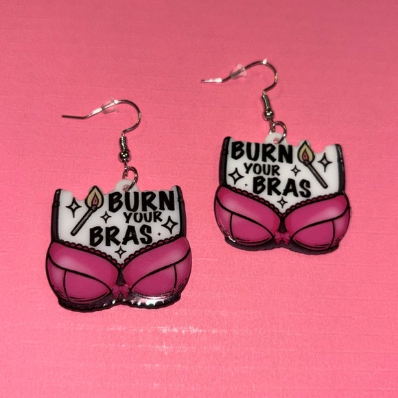 Burn Your Bras Acrylic Feminist Statement Dangle Earrings - Picture 1 of 4